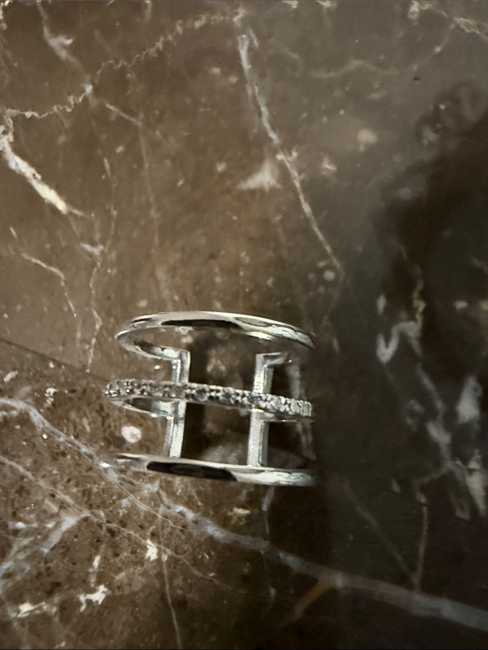 Sterling Silver Triple-Band Ring with Pavé Center Bar - Silver